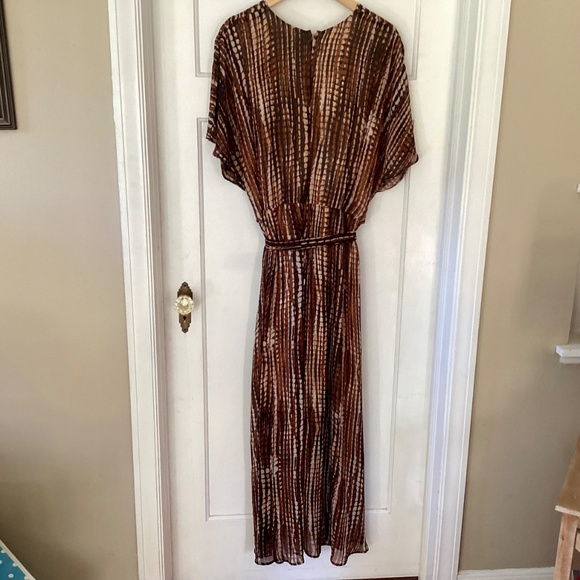 Lane Bryant Printed Faux Wrap Maxi Dress 22W Brown Ruffled Flutter Sheer V-neck - Picture 12 of 13